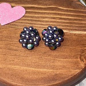 Vintage Clip On Earrings Purple Berry Faux Pearls Gold Tone